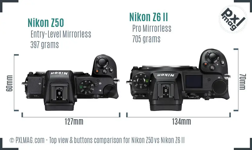 Nikon Z50 vs Nikon Z6 II top view buttons comparison