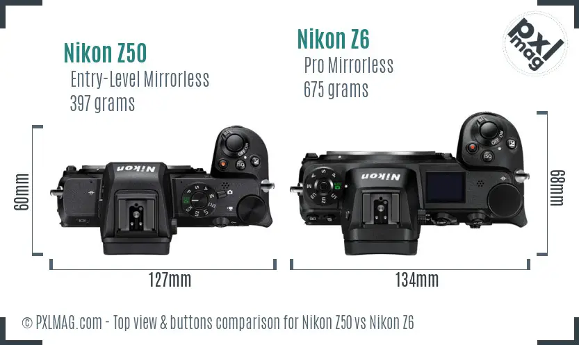 Nikon Z50 vs Nikon Z6 top view buttons comparison