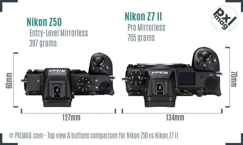 Nikon Z50 vs Nikon Z7 II top view buttons comparison