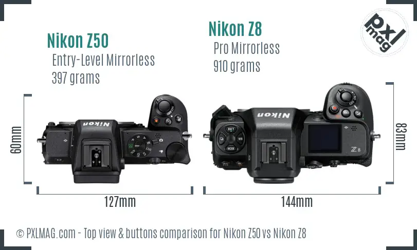 Nikon Z50 vs Nikon Z8 top view buttons comparison