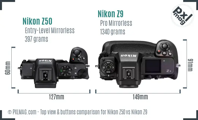 Nikon Z50 vs Nikon Z9 top view buttons comparison