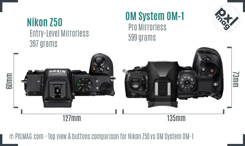 Nikon Z50 vs OM System OM-1 top view buttons comparison Nikon Z50 vs OM System OM-1 top view buttons comparison