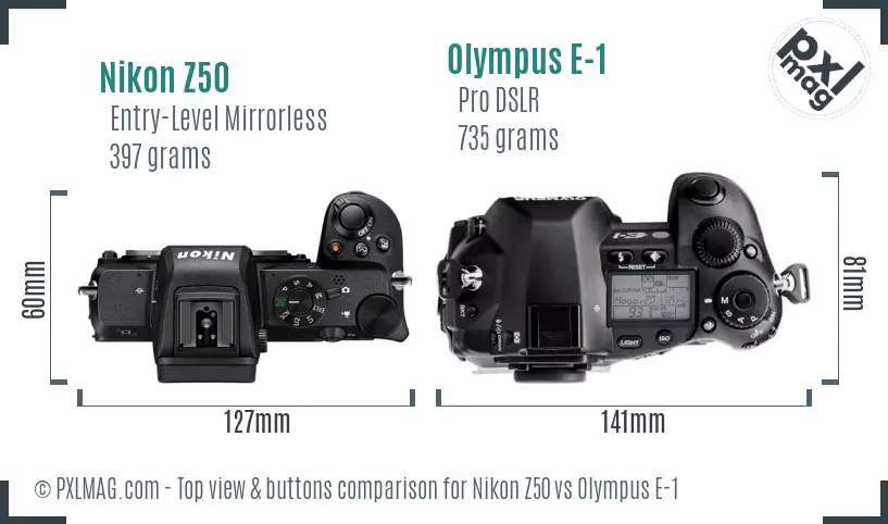 Nikon Z50 vs Olympus E-1 top view buttons comparison