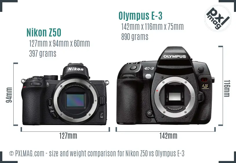 Nikon Z50 vs Olympus E-3 size comparison