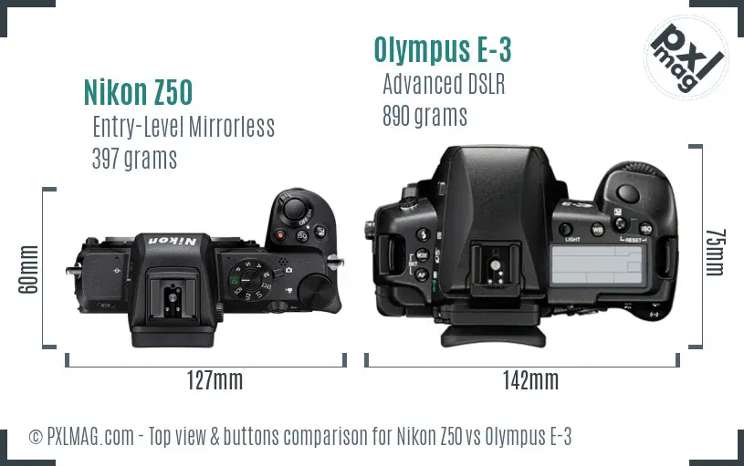 Nikon Z50 vs Olympus E-3 top view buttons comparison