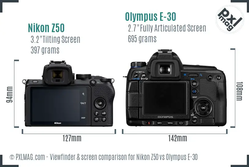 Nikon Z50 vs Olympus E-30 Screen and Viewfinder comparison