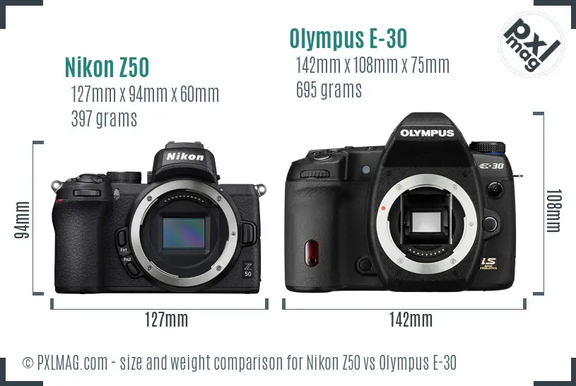 Nikon Z50 vs Olympus E-30 size comparison