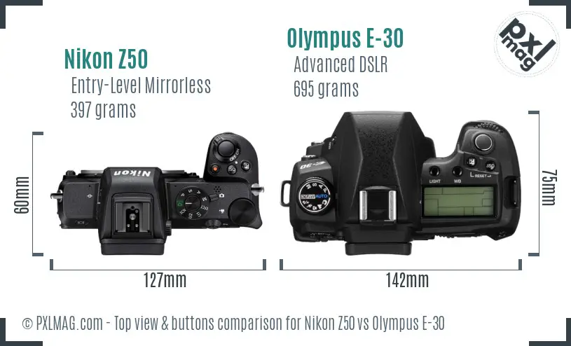 Nikon Z50 vs Olympus E-30 top view buttons comparison
