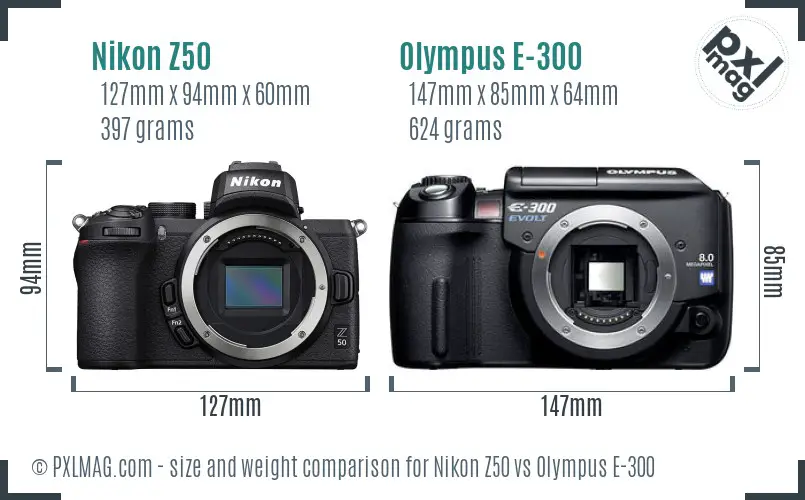 Nikon Z50 vs Olympus E-300 size comparison