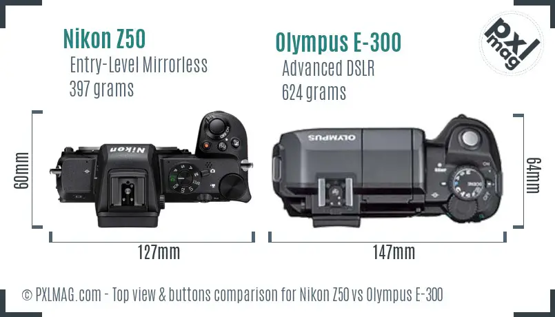 Nikon Z50 vs Olympus E-300 top view buttons comparison