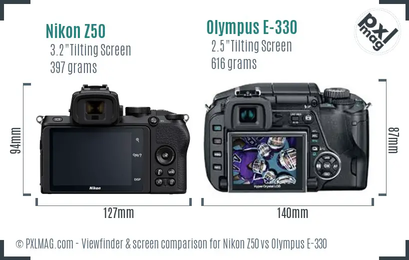 Nikon Z50 vs Olympus E-330 Screen and Viewfinder comparison