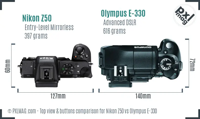 Nikon Z50 vs Olympus E-330 top view buttons comparison