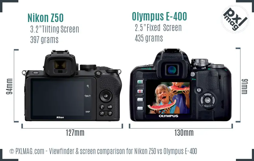Nikon Z50 vs Olympus E-400 Screen and Viewfinder comparison
