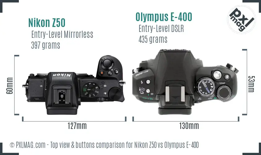Nikon Z50 vs Olympus E-400 top view buttons comparison