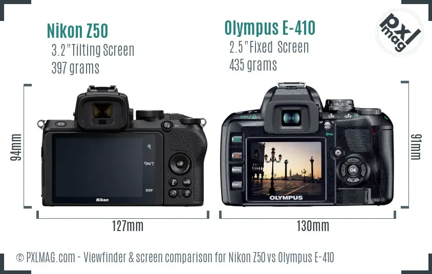 Nikon Z50 vs Olympus E-410 Screen and Viewfinder comparison