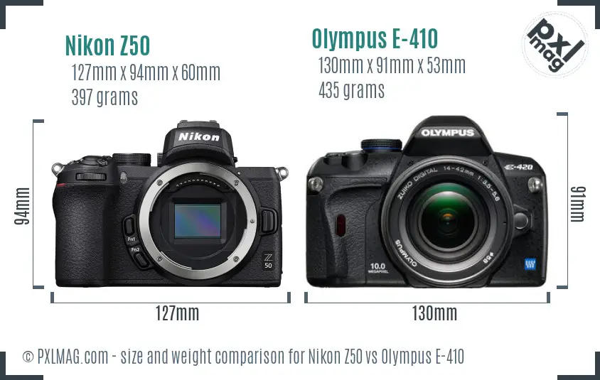 Nikon Z50 vs Olympus E-410 size comparison