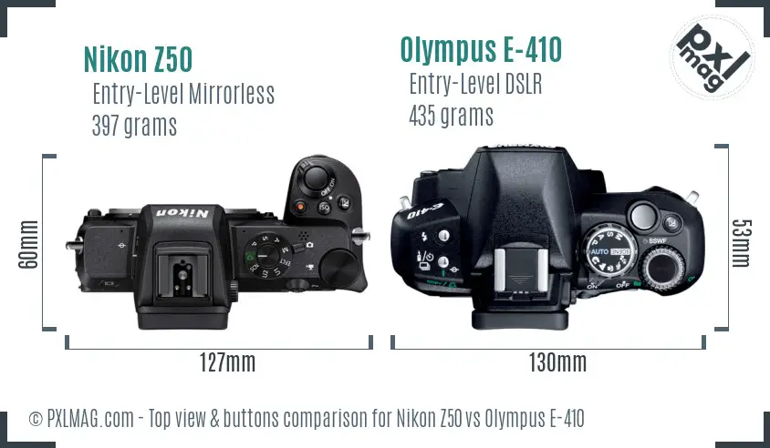 Nikon Z50 vs Olympus E-410 top view buttons comparison