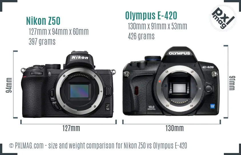 Nikon Z50 vs Olympus E-420 size comparison
