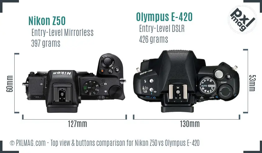 Nikon Z50 vs Olympus E-420 top view buttons comparison