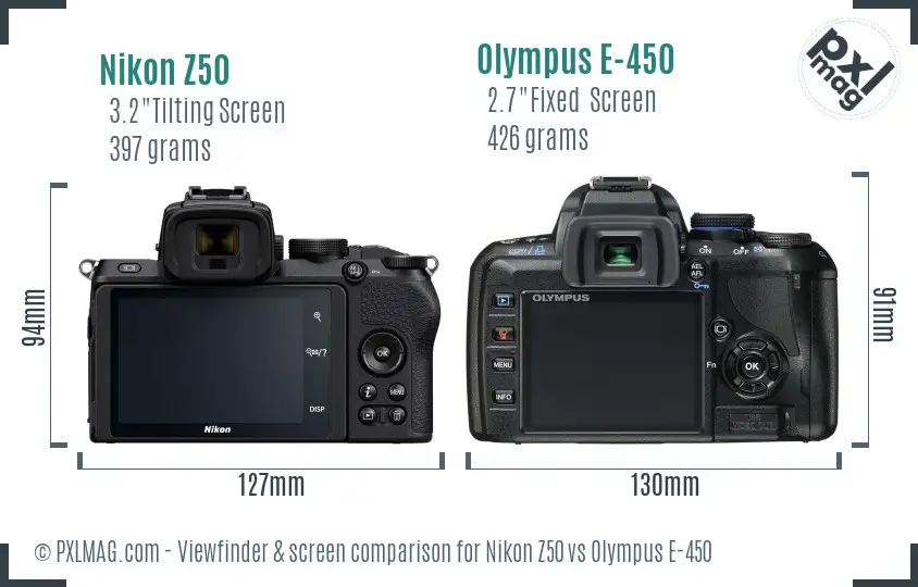Nikon Z50 vs Olympus E-450 Screen and Viewfinder comparison