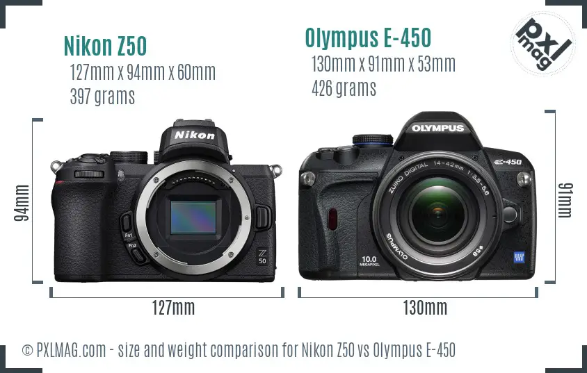 Nikon Z50 vs Olympus E-450 size comparison