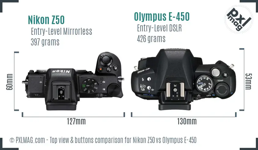 Nikon Z50 vs Olympus E-450 top view buttons comparison