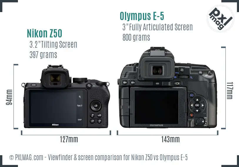 Nikon Z50 vs Olympus E-5 Screen and Viewfinder comparison