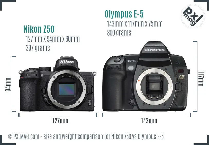 Nikon Z50 vs Olympus E-5 size comparison