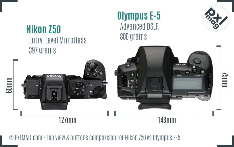 Nikon Z50 vs Olympus E-5 top view buttons comparison
