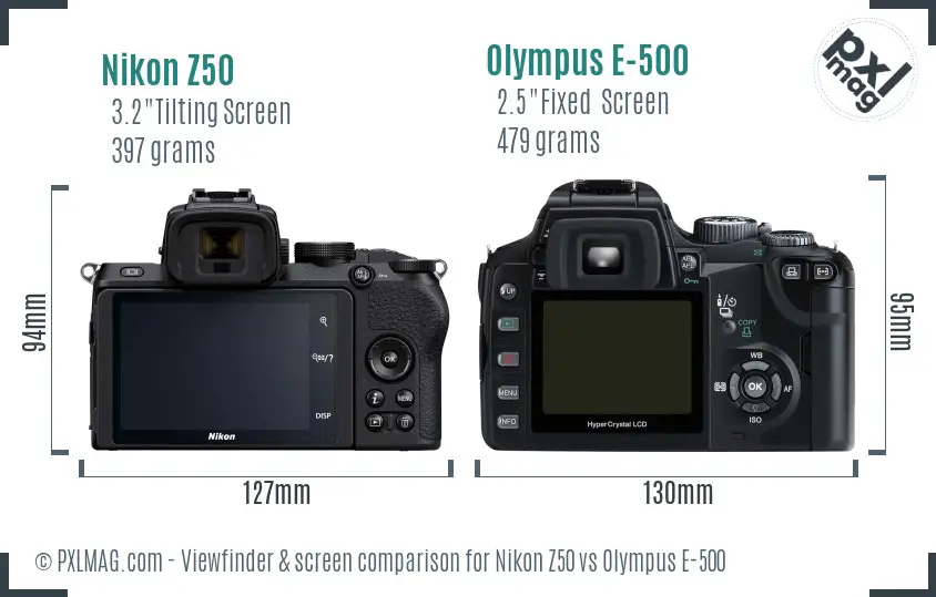 Nikon Z50 vs Olympus E-500 Screen and Viewfinder comparison