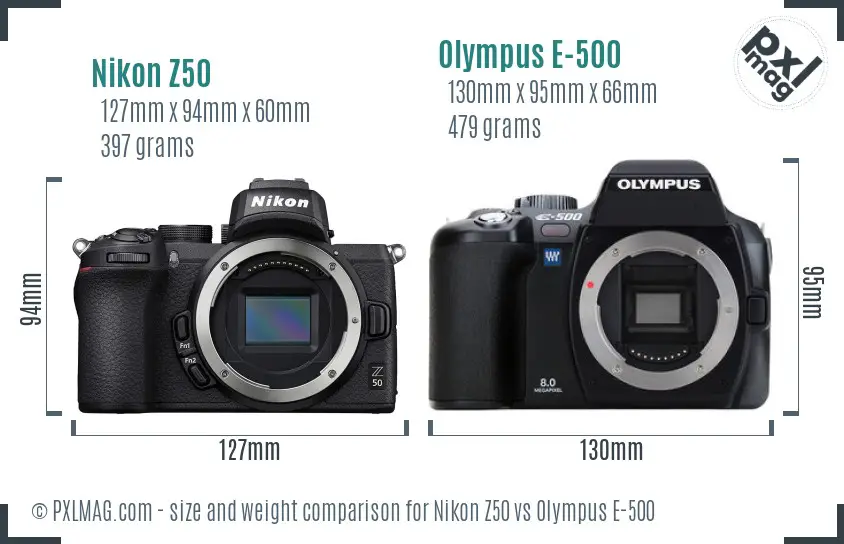 Nikon Z50 vs Olympus E-500 size comparison