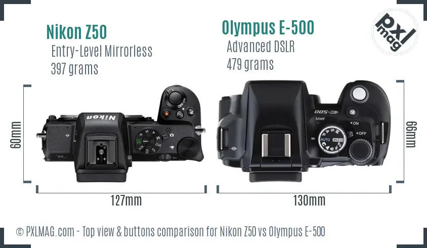 Nikon Z50 vs Olympus E-500 top view buttons comparison