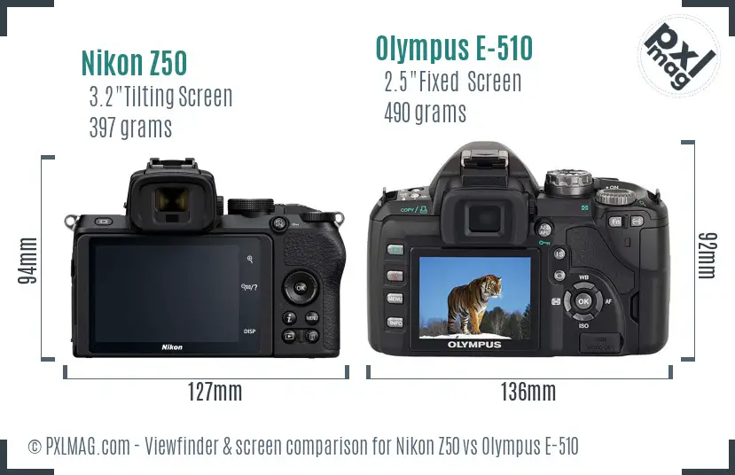Nikon Z50 vs Olympus E-510 Screen and Viewfinder comparison