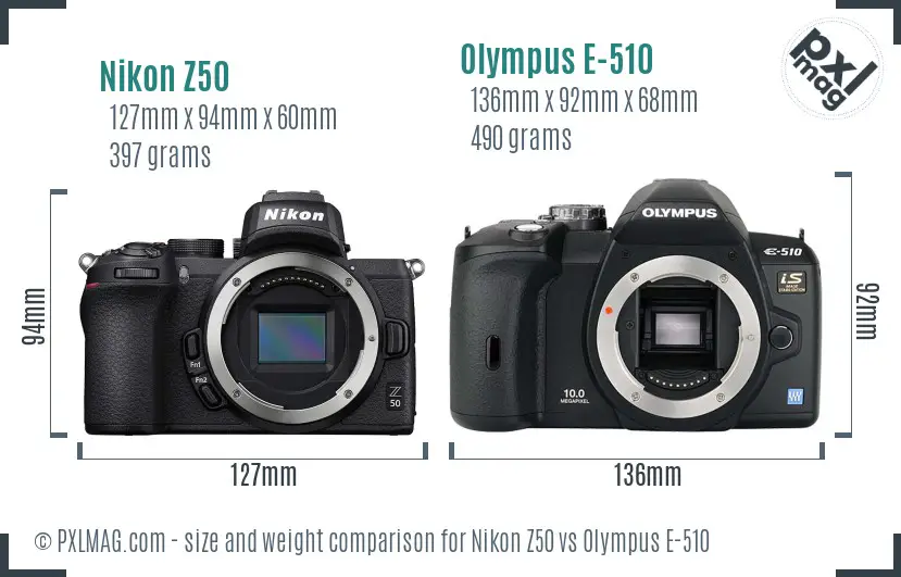 Nikon Z50 vs Olympus E-510 size comparison