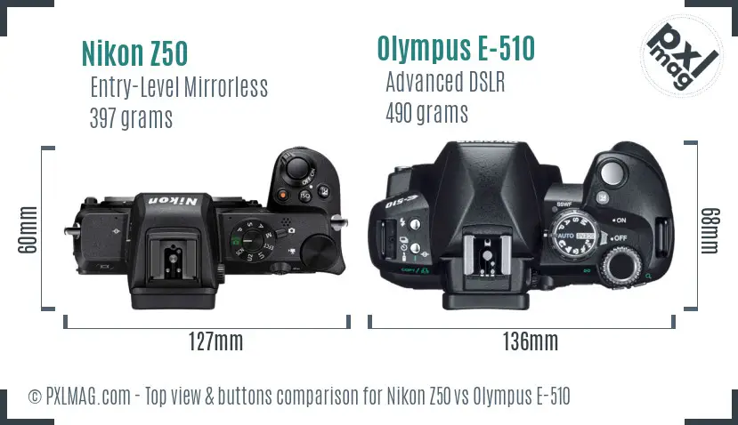 Nikon Z50 vs Olympus E-510 top view buttons comparison
