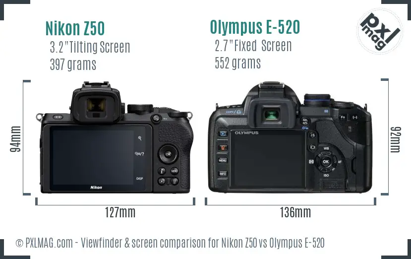 Nikon Z50 vs Olympus E-520 Screen and Viewfinder comparison