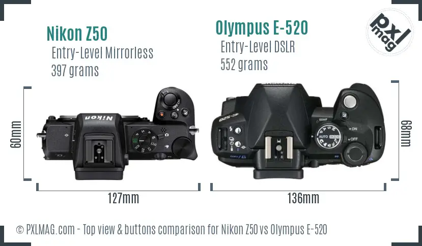 Nikon Z50 vs Olympus E-520 top view buttons comparison