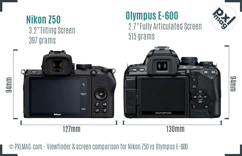 Nikon Z50 vs Olympus E-600 Screen and Viewfinder comparison