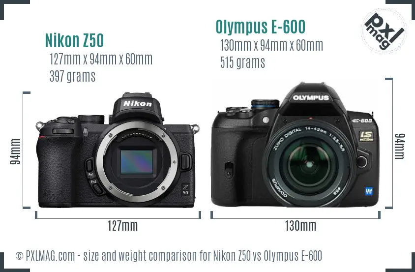 Nikon Z50 vs Olympus E-600 size comparison