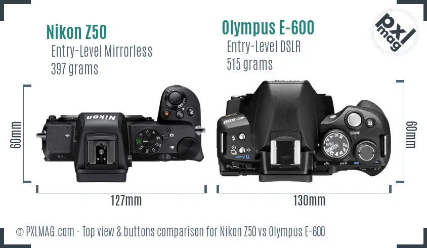Nikon Z50 vs Olympus E-600 top view buttons comparison