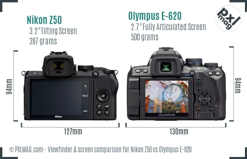 Nikon Z50 vs Olympus E-620 Screen and Viewfinder comparison