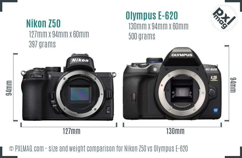 Nikon Z50 vs Olympus E-620 size comparison