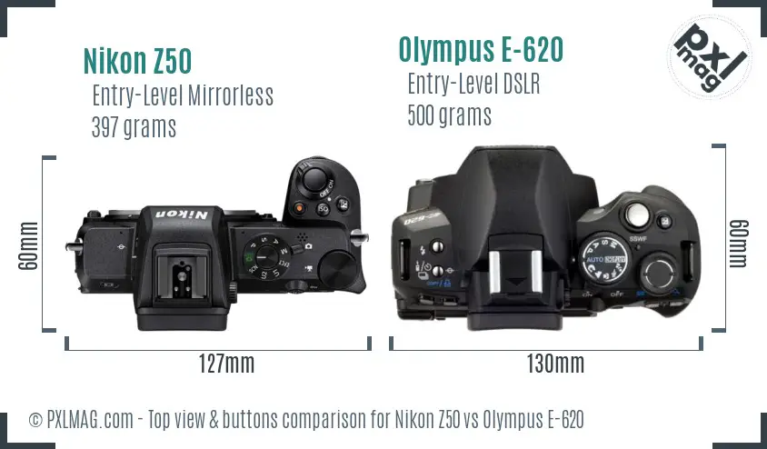 Nikon Z50 vs Olympus E-620 top view buttons comparison