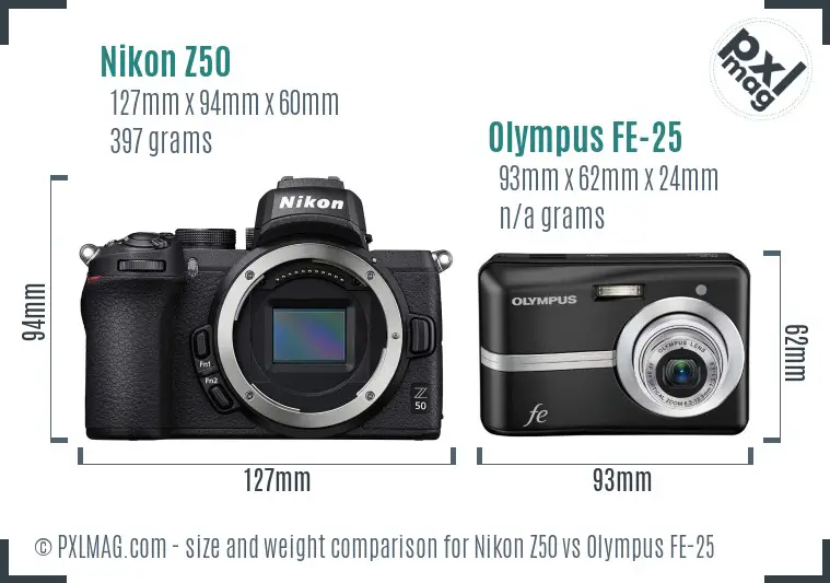 Nikon Z50 vs Olympus FE-25 size comparison