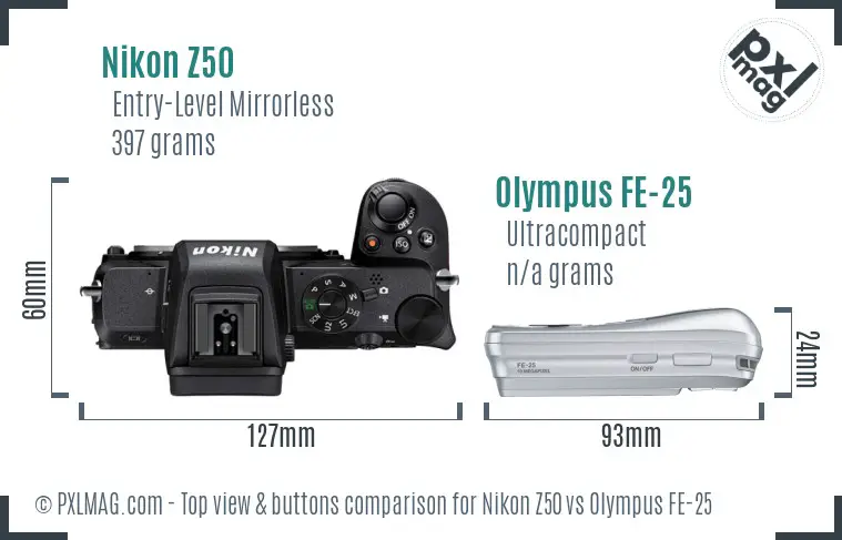 Nikon Z50 vs Olympus FE-25 top view buttons comparison
