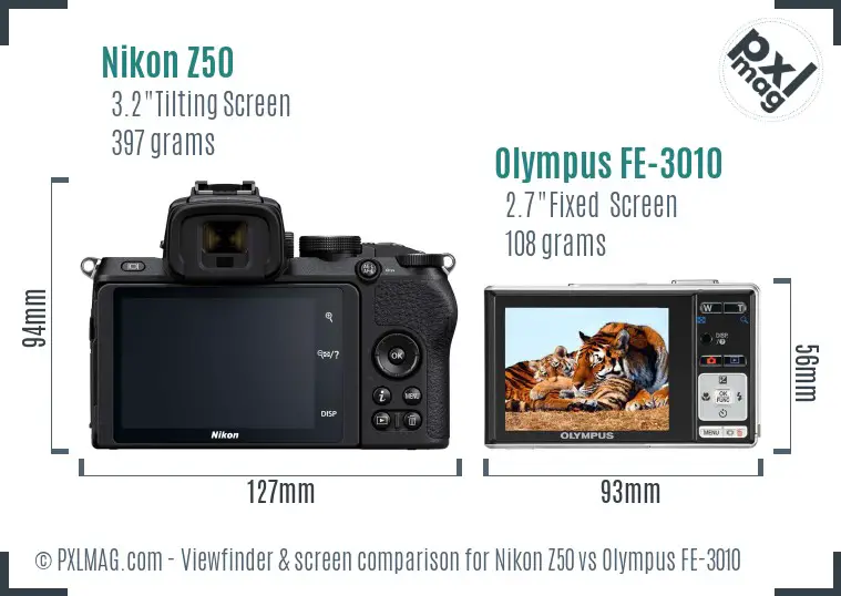 Nikon Z50 vs Olympus FE-3010 Screen and Viewfinder comparison