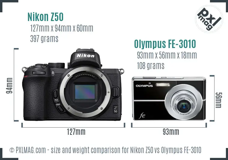 Nikon Z50 vs Olympus FE-3010 size comparison