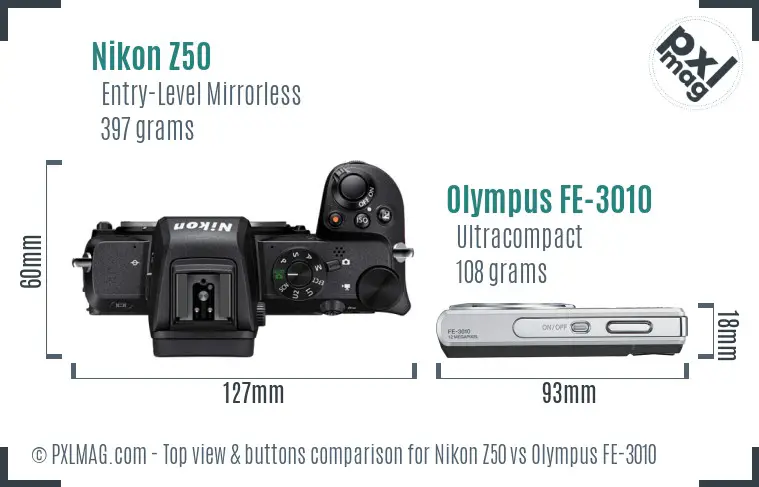 Nikon Z50 vs Olympus FE-3010 top view buttons comparison