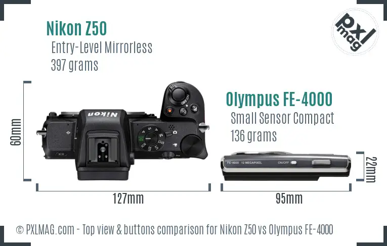 Nikon Z50 vs Olympus FE-4000 top view buttons comparison