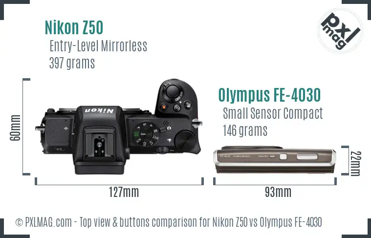 Nikon Z50 vs Olympus FE-4030 top view buttons comparison